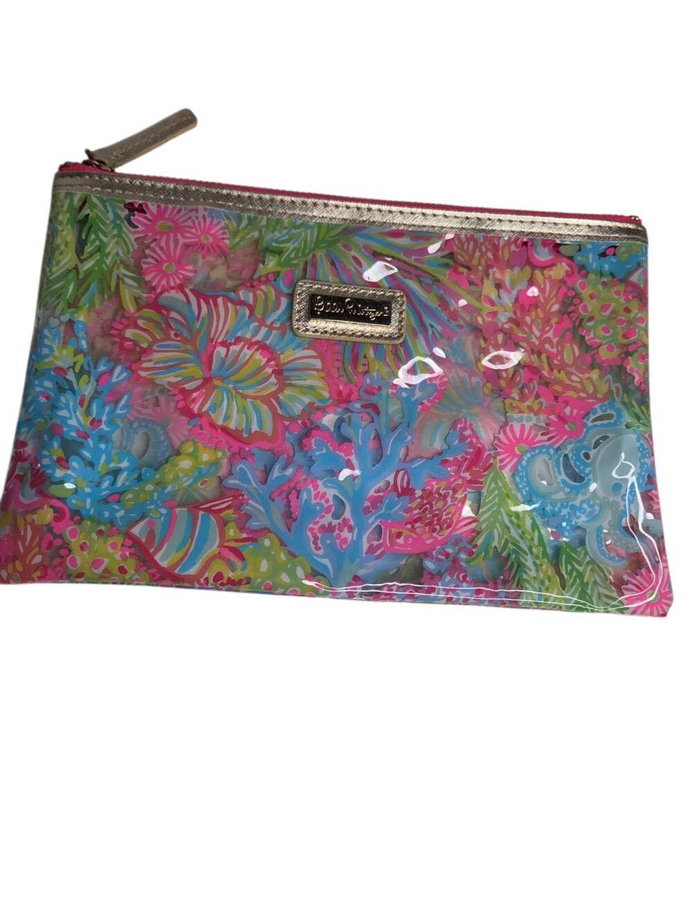 Lilly Pulitzer Marine Life Print Clear Zippered Makeup Pouch Pink Blue Green